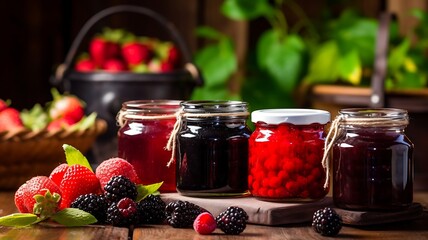 assortment of jams in glass jars with fresh berries on wooden table