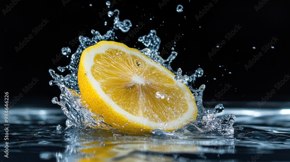 Poster a lemon slice splashes into water, creating dynamic droplets and a refreshing visual effect.