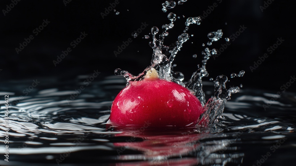 Poster a red apple splashes into water, creating dynamic ripples and droplets.