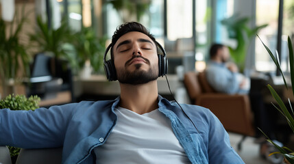Obraz premium Man wearing noise-canceling headphones, focused and relaxed in a busy office environment, symbolizing the concept of noise cancellation and productivity enhancement.