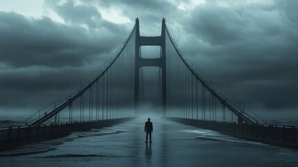 Obraz premium A solitary figure stands on a foggy bridge under a dramatic sky.