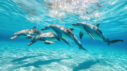 Obraz premium A group of dolphins swimming gracefully in clear, turquoise waters.