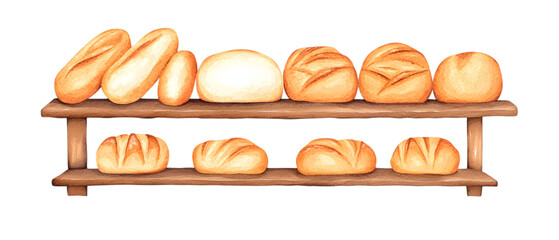 Freshly Baked Bread on Wooden Shelves Watercolor Illustration