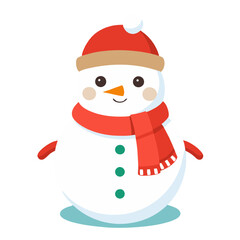 Happy Snowman in Winter Wonderland: A cheerful snowman, adorned in a festive red hat and scarf, stands proudly against a white background, radiating winter cheer. The cartoon-style illustration captur