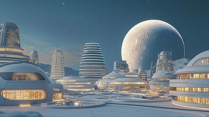 Obraz premium A high-tech lunar colony featuring spiral towers