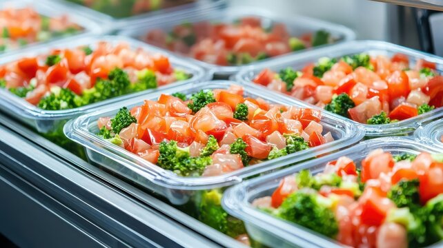 Automated packaging machine sealing ready-to-eat meals in a factory, automation, food preservation technology