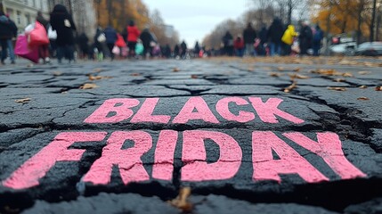 A close-up of a pink Black Friday inscription on the asphalt against a background of blurred people with colorful bags. The concept of discounts and sales