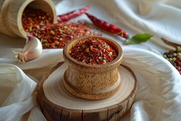 Paprika powder in a wooden bowl on a white fabric background