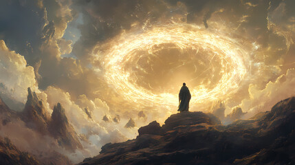 A prophet in flowing robes stands on a rocky outcrop, with a radiant sky and celestial beings forming a halo around them. Celestial Beings. Illustration