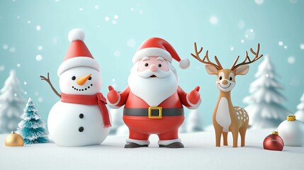 Santa Claus, Snowman, and Reindeer in a Winter Wonderland