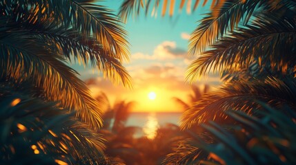 Tropical-themed wallpaper adorned with vibrant palm leaves and exotic birds, set against a warm, softly lit coastal home background, offering ample copy space for personalization and creativity. Perfe