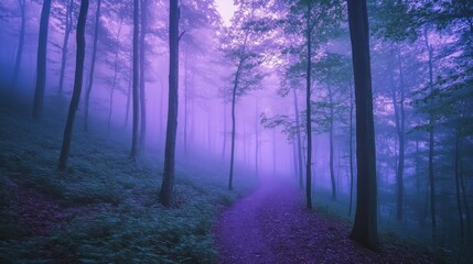 Fototapeta premium A misty forest path enveloped in purple hues, creating a serene and mystical atmosphere.