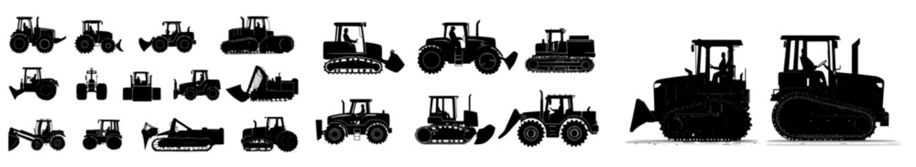 Defining a construction and mining vehicle icon set. Bulldozer and backhoe silhouettes on white background.