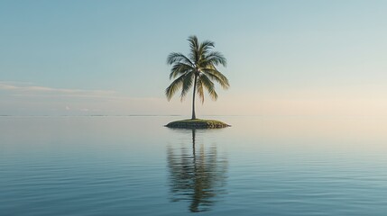 A serene landscape featuring a solitary palm tree on a small island surrounded by calm water.