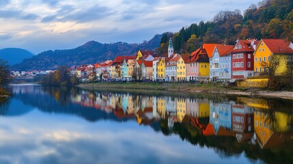 Fototapeta premium Scenic riverside view with colorful buildings reflecting in calm water at dusk.