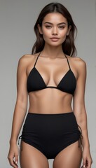 Obraz premium Woman in black high-waisted bikini, neutral background