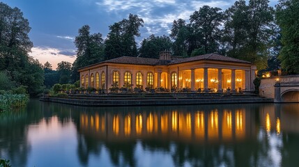 A serene lakeside building reflecting in calm water at dusk, surrounded by lush trees.