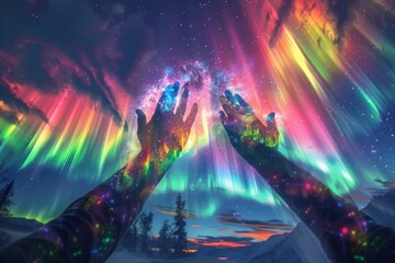 Two hands reaching towards the sky, surrounded by a colorful aurora