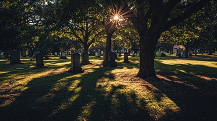 A serene cemetery scene with sunlight filtering through trees, casting long shadows.