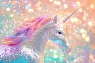 Obraz premium A glittery rainbow unicorn pony background with sequins celebrating your birthday party