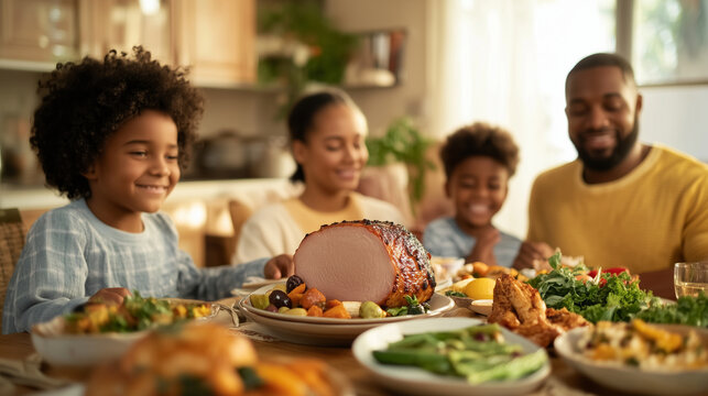 A family gathered around a table for Easter Sunday dinner after attending church. The table is filled with traditional foods like ham, roasted vegetables, and Easter eggs. The fami