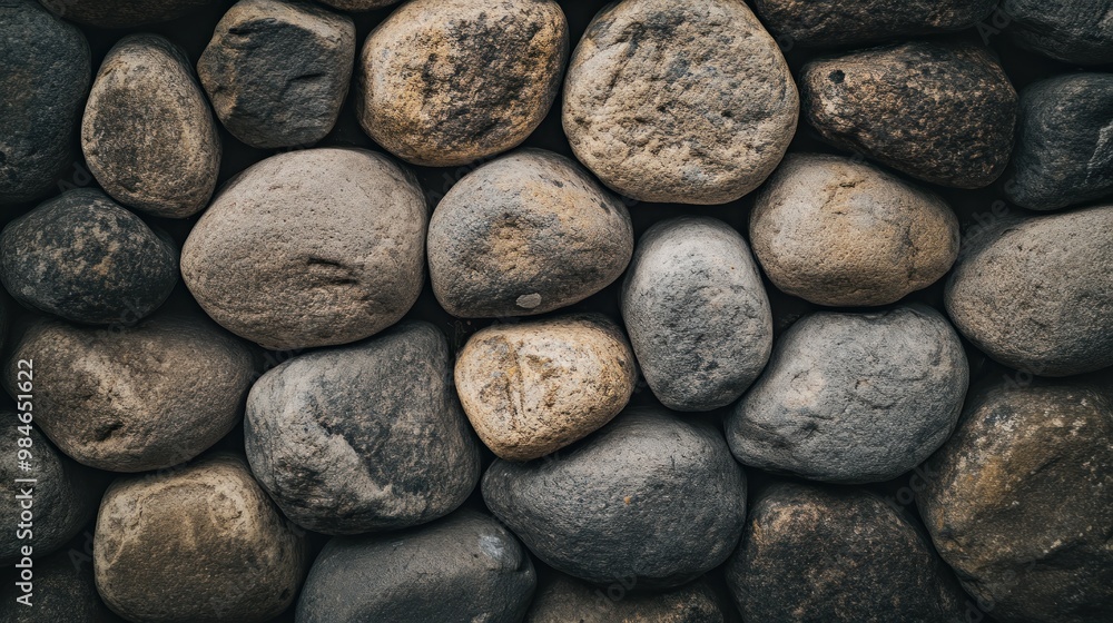 Poster a close-up view of various smooth stones arranged in a wall-like pattern.