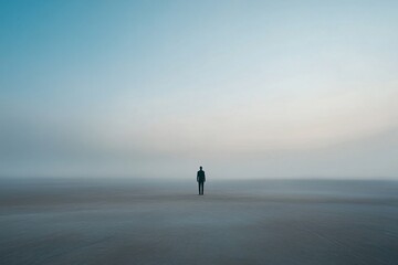 Solitary Figure in Foggy Landscape