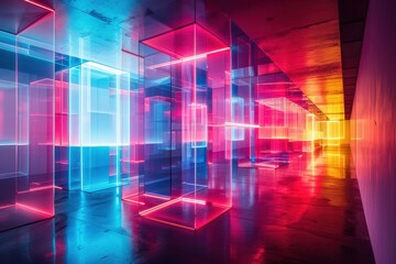 A neon colored room with many cubes and a long hallway