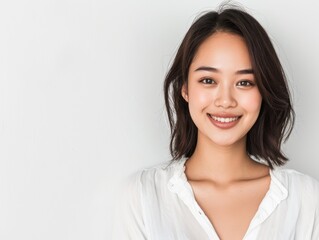 Obraz premium A cheerful young woman with a radiant smile, wearing a white shirt against a minimalist background, exuding positivity and confidence.