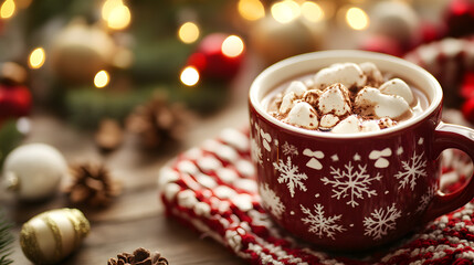 Hot cocoa in a festive mug on a holiday table.


