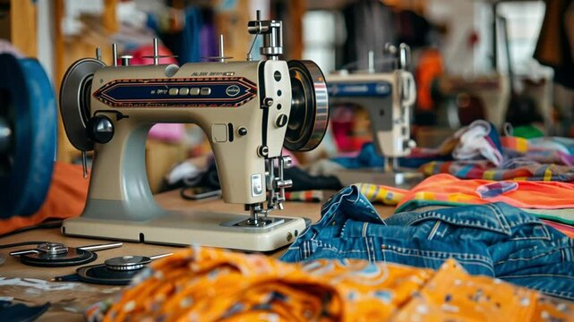 In a creative workshop, two vintage sewing machines sit surrounded by bright, colorful fabrics, illustrating the artistry and craftsmanship of sewing projects in progress.