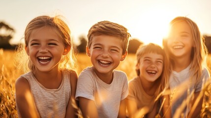Obraz premium Four children laughing together in a golden wheat field during sunset, capturing joy and friendship in nature.