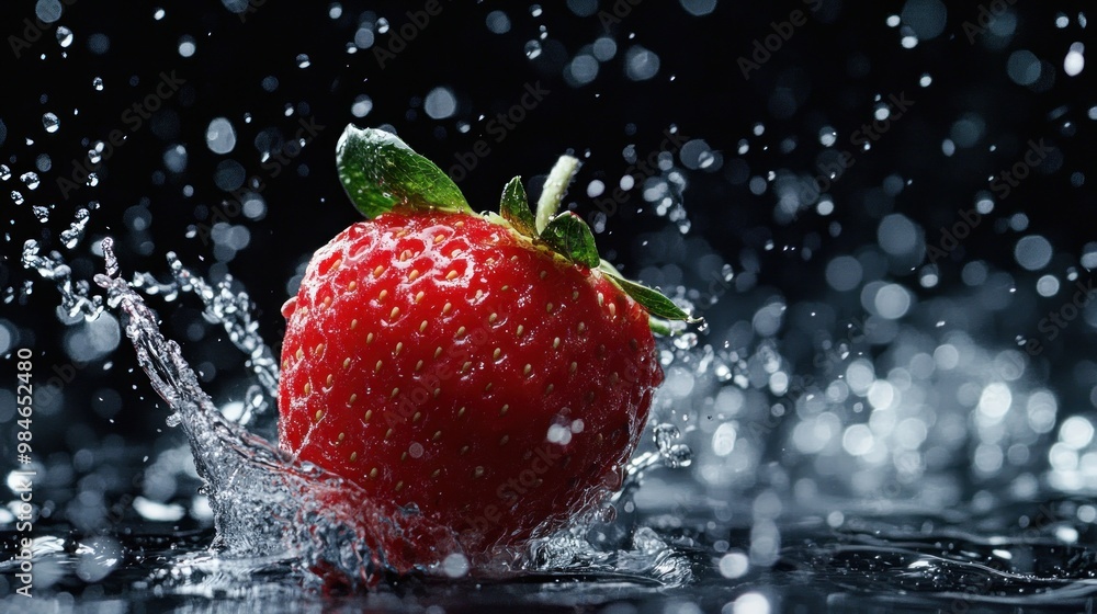 Wall mural A vibrant strawberry splashes into water, showcasing freshness and vitality.