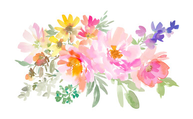 A watercolor-painted abstract frame of flowers. A hand-drawn peony and wild flowers vector illustration for backgrounds. Watercolor botanical illustration for ads, banners, cards and social media