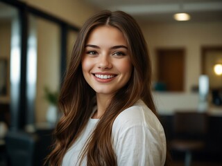 Young woman with long brown hair smiling in a salon.