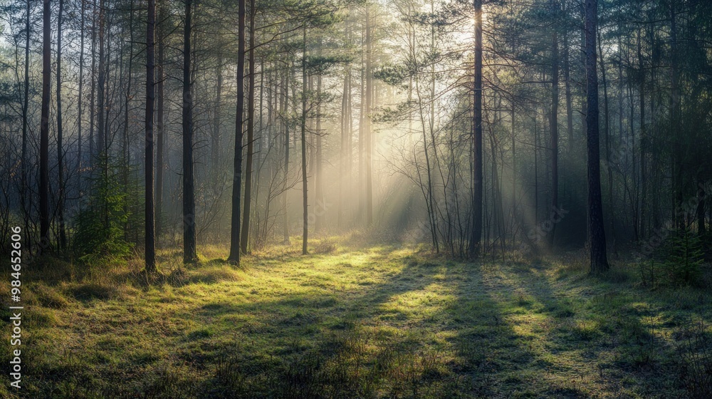 Poster a serene forest scene with sunlight filtering through trees, creating a tranquil atmosphere.