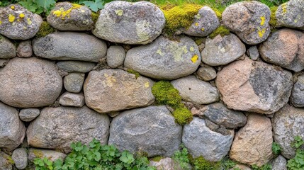 Fototapeta premium A rustic stone wall covered with moss and lichen, blending with the natural surroundings.