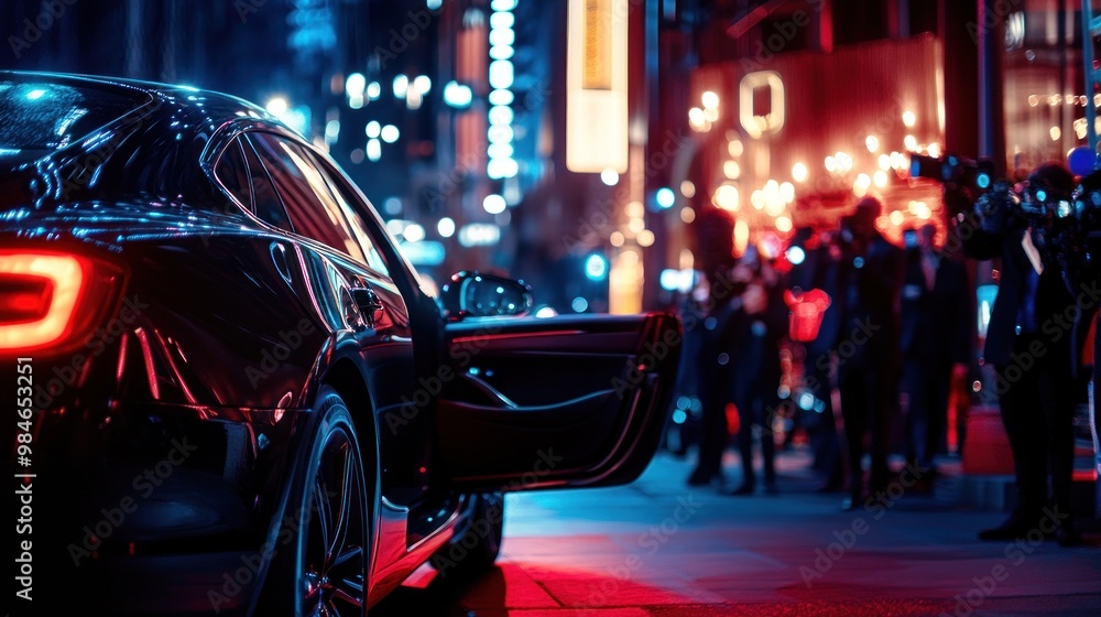 Poster A sleek black car with an open door, surrounded by photographers in a vibrant urban setting.