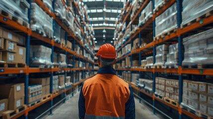 Obraz premium Factory manager inspecting inventory in a large warehouse, ensuring efficient stock management before dispatching goods for delivery.