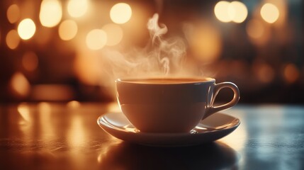 Obraz premium A steaming cup of coffee on a table, creating a warm and inviting ambiance.