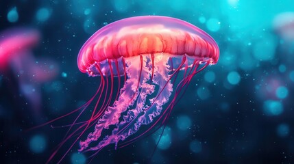 Naklejka premium Ethereal jellyfish floating in a cosmic nebula, merging marine life with space exploration