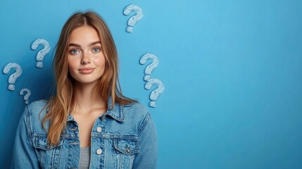 A curious young woman ponders her thoughts while surrounded by floating question marks