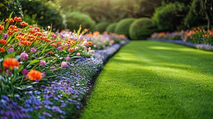 Lush Garden Pathway With Purple and Orange Flowers