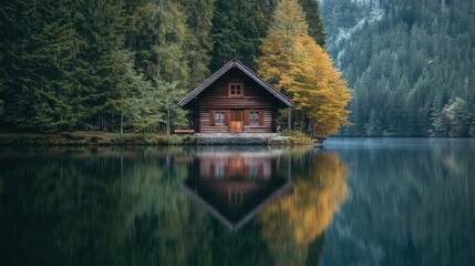 Fototapeta premium A serene wooden cabin by a tranquil lake surrounded by lush trees in autumn colors.