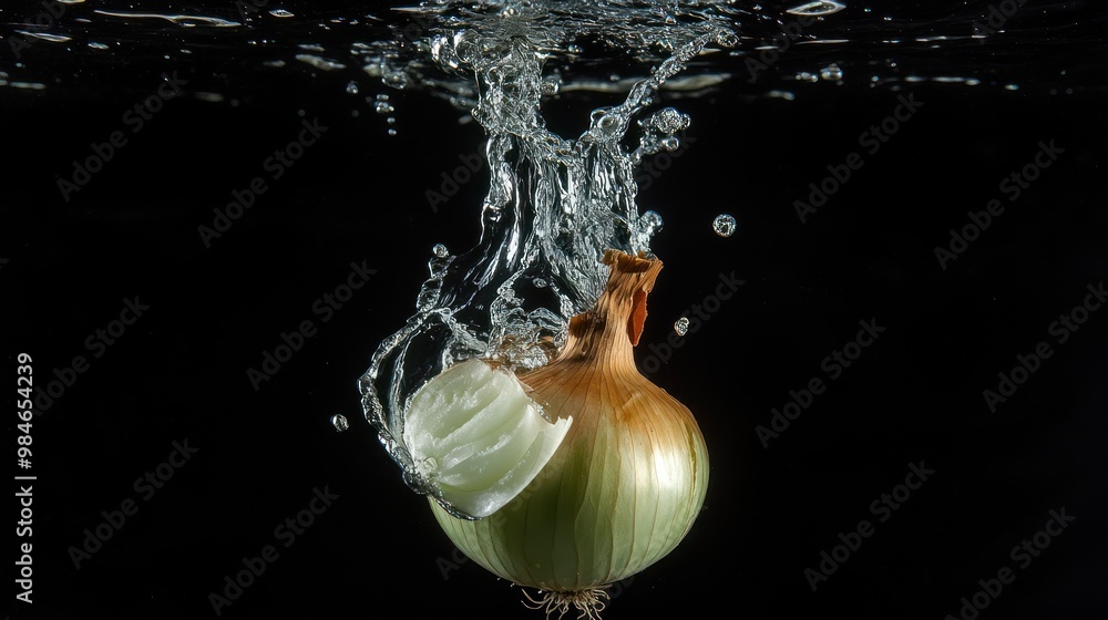 Poster an onion splashes into water, creating dynamic bubbles and motion.