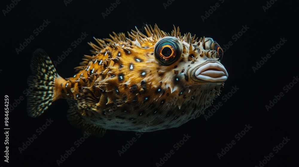 Poster a vibrant underwater image of a pufferfish displaying its unique features.