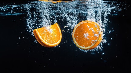 Fresh orange slices splashing into water, creating bubbles against a dark background.