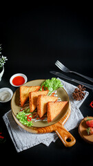 slices of toast filled with grilled meat and mozzarella cheese served on an aesthetic plate, shot from an angle for a subtle food photography composition.