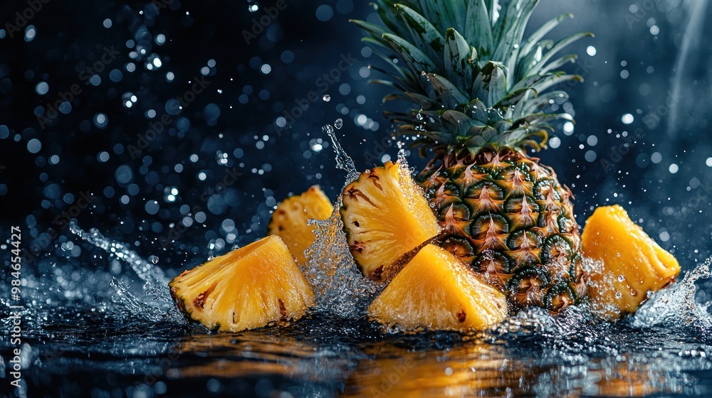 Wall mural A pineapple splashes into water, showcasing freshness and vibrancy.