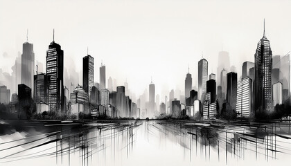 Fototapeta premium Abstract cityscape in monochrome black ink, watercolor washes. Modern buildings. Urban life.